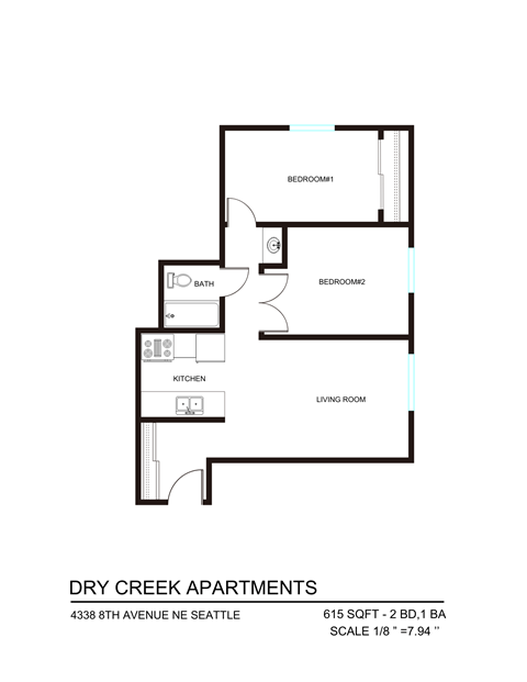 Floor plan for 2 beds, 1 bath, 615 sqft